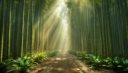 Fototapeta premium Tranquil Bamboo Forest Pathway Surrounded By Vibrant Green Foliage