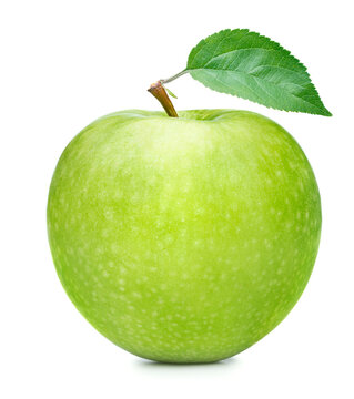 Fresh green apple with green leaf on white background