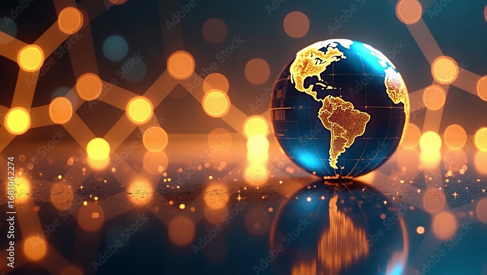 Poster global connectivity and digital network innovation with illuminated earth sphere and abstract glowin