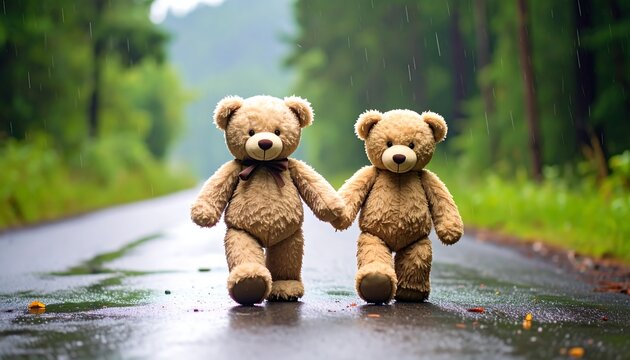 Two Teddy Bears Holding Hands Walking on a Wet Road in the Rain