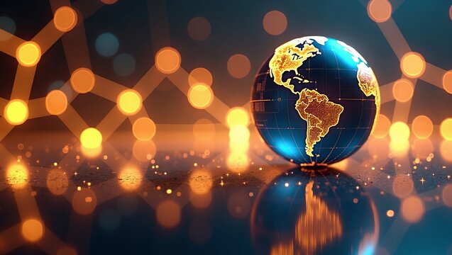 Global connectivity and digital network innovation with illuminated earth sphere and abstract glowing technology background