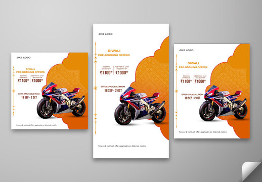 Diwali Pre Booking Offer Social Media Post and Story Template with Sports Bike for Automobile Promotion, Editable Design.