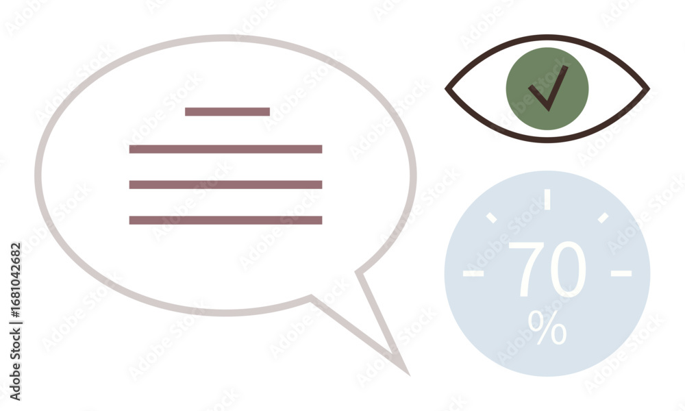 Poster speech bubble with text lines, eye with checkmark symbol, and 70 gauge represent communication, vali