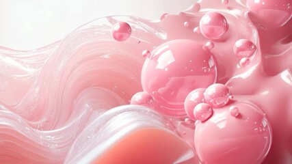pink spheres rest on a wave of creamy, light pink fluid, with smaller bubbles floating in background - Powered by Adobe