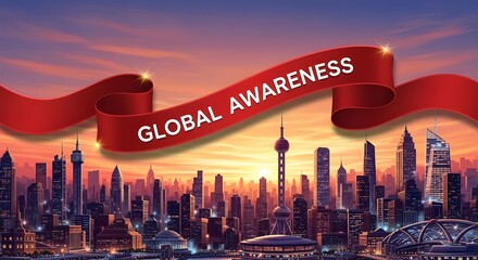 City Skyline with Red Ribbon Banner Overlay