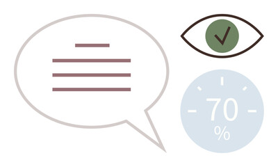 Speech bubble with text lines, eye with checkmark symbol, and 70 gauge represent communication, validation, progress. Ideal for feedback, review, survey, analytics goals tracking education themes