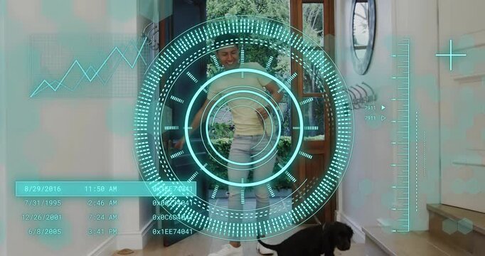 AR HUD scanning door unlocking as man guiding dog inside using device deactivating home security