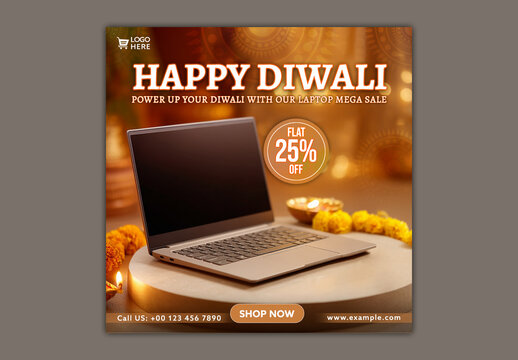 Happy Diwali Mega Sale Social Media Post with Trendy Laptop for Electronics Promotion, Editable Design.