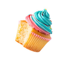 Dynamic composition of cupcake sliced and floating diagonally, isolated on a transparent background
