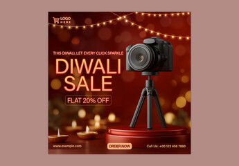 Diwali Sale Social Media Post with Camera Tripod on Pedestal for Photography Equipment Promotion, Editable Design.
