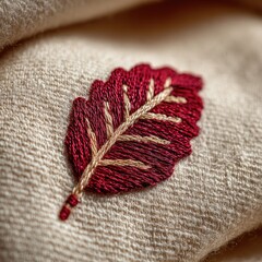 Detailed embroidered leaf on cream-colored fabric