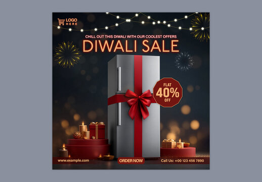 Diwali Sale Social Media Post with Refrigerator and Festive Gifts, Editable Design.