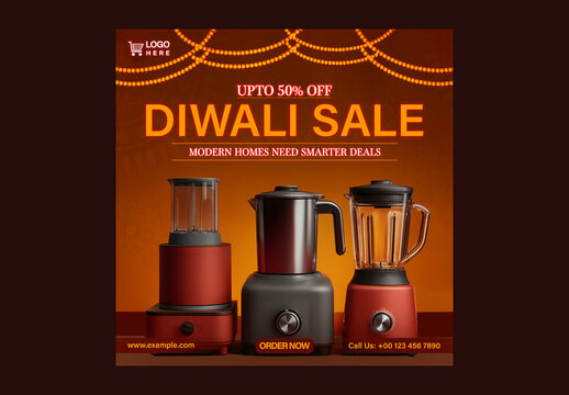 Diwali Sale Social Media Post with Kitchen Appliances for Electronics Store Marketing, Editable Design.