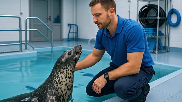 Compassionate Animal Caretaker Gently Strokes a Rehabilitating Seal in a Clean Pool Environment