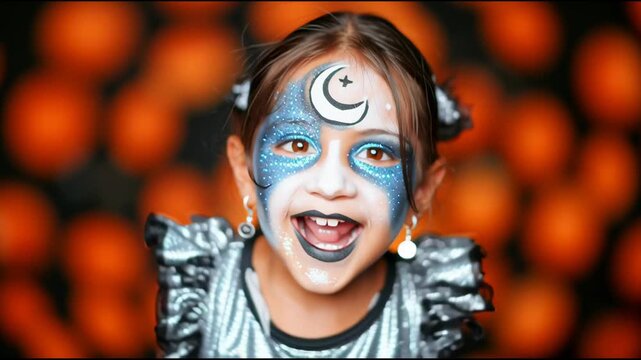 Close-up of a child with glittery star and moon face paint in Halloween theme, soft orange background, cinematic bokeh