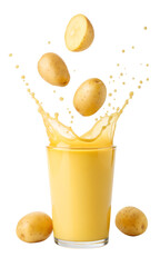 Artistic splash shot of potatoes dropping into juice, isolated on a transparent background