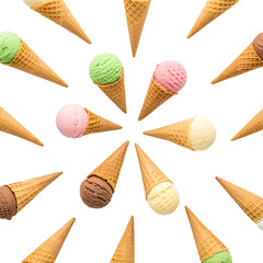 Flat lay of assorted ice cream cone arranged as randomly, isolated on a transparent background