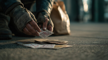 Person playing cards on pavement in gritty urban setting