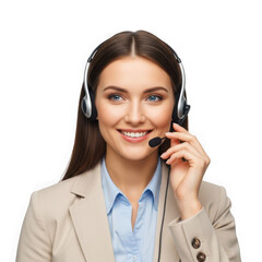 Smiling young woman wearing a headset and a beige blazer, isolated on transparent background