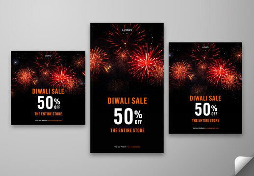 Diwali Festival Sale Social Media Post and Story Template in Fireworks Pattern for Entire Store Shopping Offers, Editable Design.