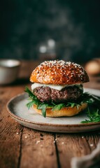Delicious Gourmet Burger with Fresh Ingredients on Rustic Wooden Table
