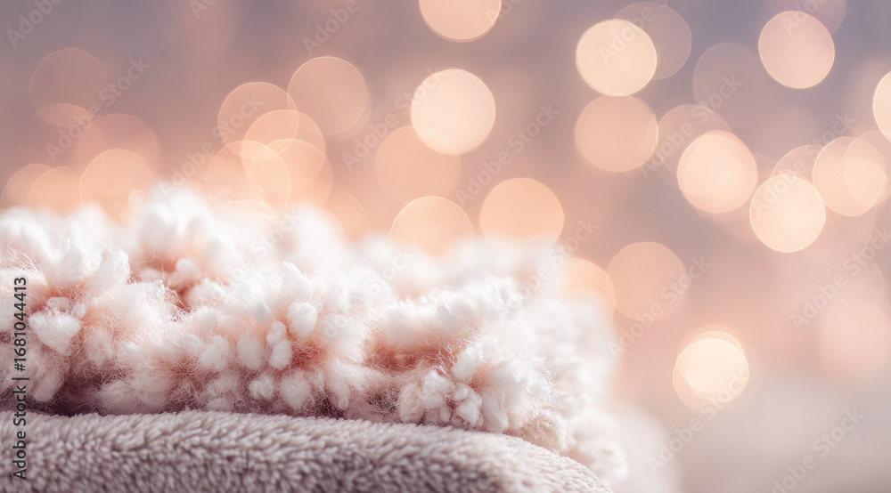 Poster soft pastel velvet folds with subtle golden bokeh create cozy and tranquil atmosphere, highlighting 