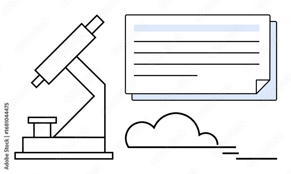 Poster microscope alongside document notes and a cloud element, symbolizing research, data analysis, digita