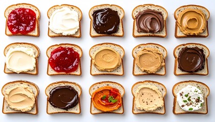 Overhead view of a delicious assortment of breakfast toasts with a variety of sweet and savory spreads