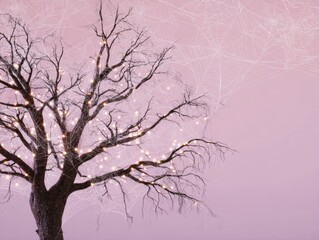 Enchanting old tree silhouette with warm hanging fairy lights against pink sky