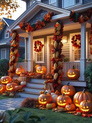 Obraz premium Halloween house porch with glowing jack o lantern pumpkins and spooky decorations 