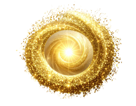 Radiant Gold Glitter Swirl Burst with Sparkling Particles, Transparent Background