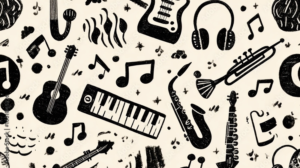 Aufkleber colorful collection of musical instruments and notes displayed in a creative pattern showcasing dive