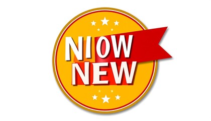 Round yellow badge with red ribbon, text "NIOW NEW