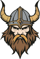 Fierce Viking Warrior Head with Curved Golden Horns and Diamond Ornament - Bearded Norse Fighter Mascot Character Vector Illustration