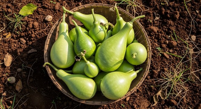 Calabash Gourds in Wicker Basket on Brown Soil | Fresh Green Bottle Gourds for Agriculture, Cuisine, and Healthy Eating Concepts