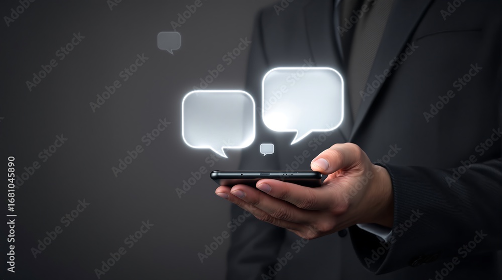 Poster man using smartphone for messaging app communication with speech bubbles social media marketing conc