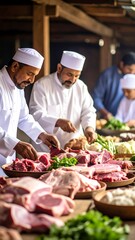 Two chefs in white tunics prepare meats on wooden tables