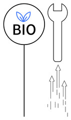 Bio sign with leaf motif, a wrench symbolizing tools or industry, and arrows representing progress. Ideal for sustainability, innovation, environment, development, eco solutions, green technology