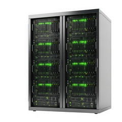 Server rack with glowing green lights, isolated on transparent background