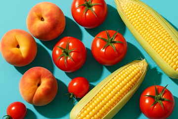 Fototapeta premium Flat lay of fresh tomatoes, corn, and peaches arranged on a bright blue background in a modern, minimal food styling composition. 