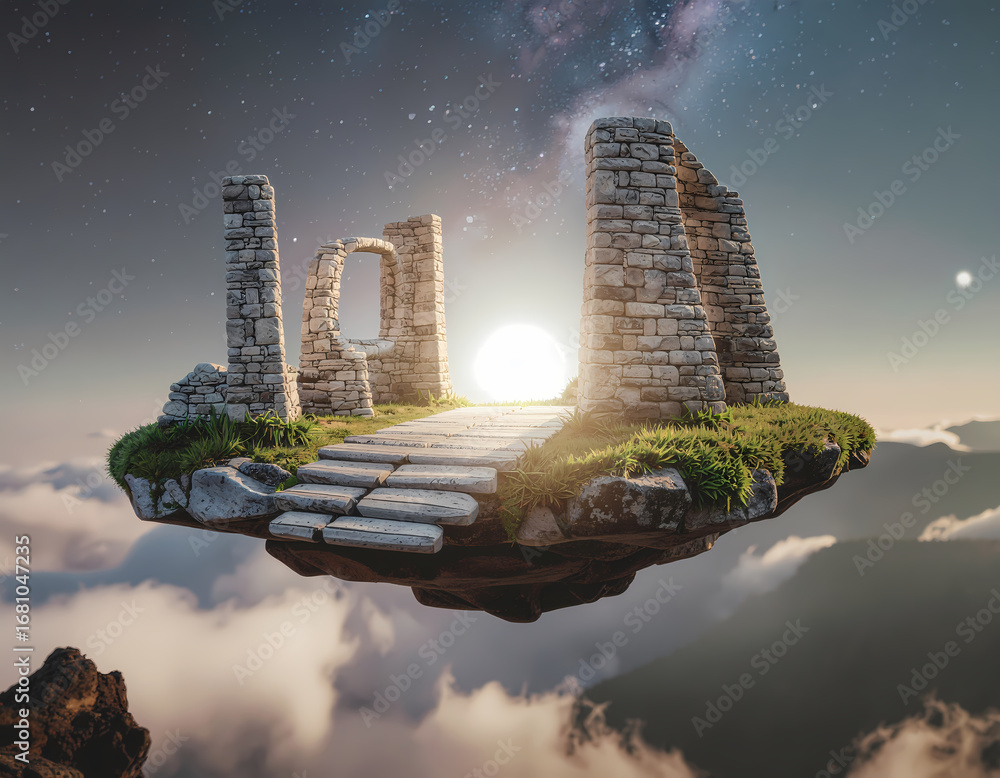 Sticker magical fantasy floating island with ancient ruin gateway. path leads to bright light in sky of clou