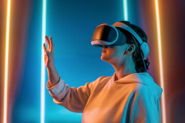 Woman with VR virtual reality goggles