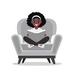 Young Cheerful Girl in Cozy Comfortable Armchair Reading Favorite Book image vector.