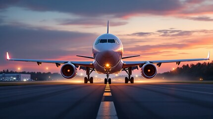 Airplane on runway at sunset commercial aviation travel transportation airline industry flight journey trip