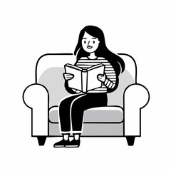 Young Cheerful Girl in Cozy Comfortable Armchair Reading Favorite Book image vector.