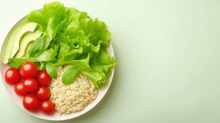 Fresh lettuce avocado cherry tomato and quinoa bowl with basil