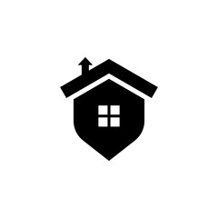 Fototapeta premium Black and white logo depicting a house shape combined with a shield, featuring a window and chimney.
