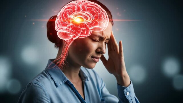 Woman experiencing headache with highlighted brain activity. AI concept of migraine, stress, or neurological pain. Brain inflammation footage.