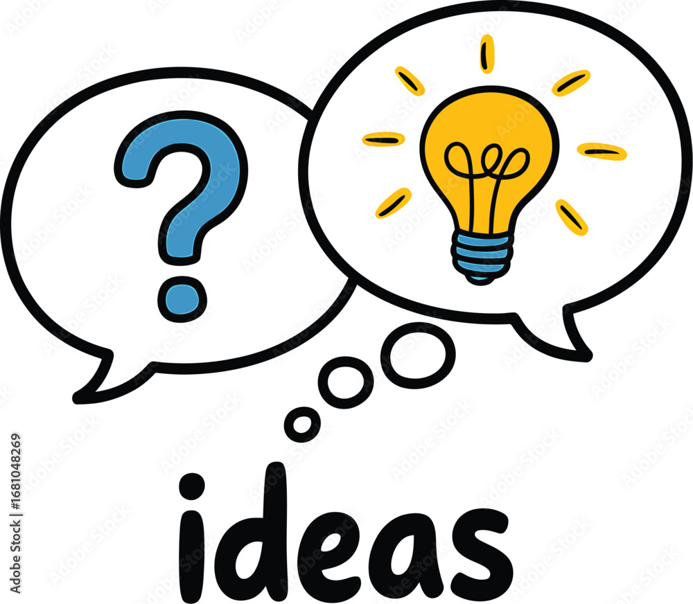 Poster question mark in a speech bubble transforms into a bright idea lightbulb