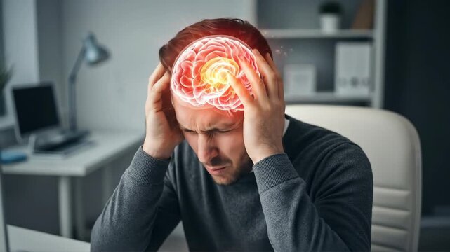 Man experiencing severe headache or migraine with glowing brain visualizing pain and stress at home office for health awareness footage.